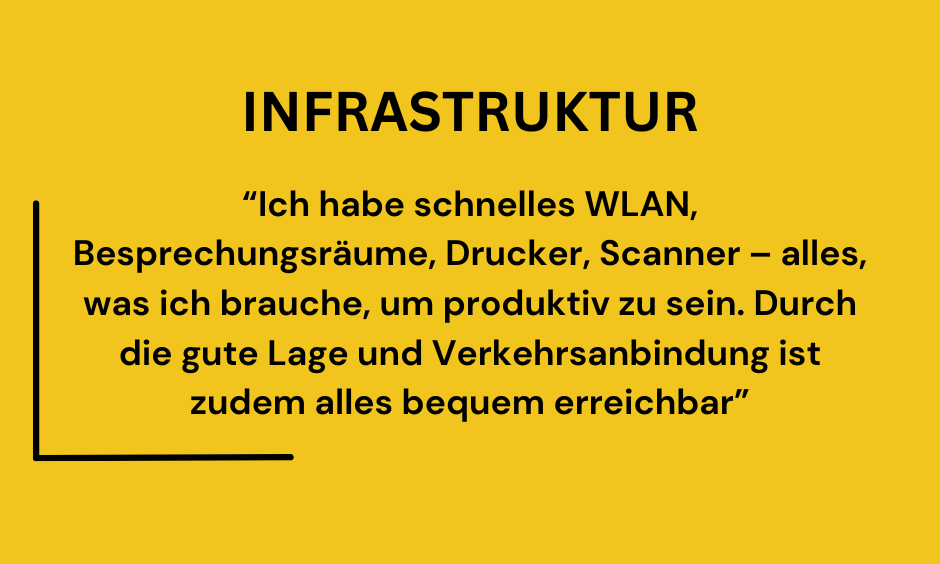 Text auf gelbem Hintergrund: Infrastruktur Zitat über schnelles WLAN und Ausstattung.