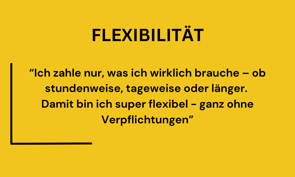 Text auf gelbem Hintergrund: "Flexibilität" mit einem Zitat zur flexiblen Arbeitsweise.